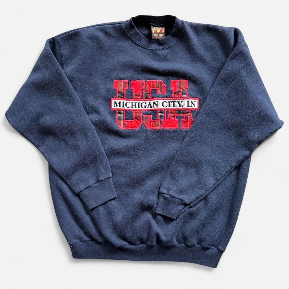 VTG 90s Michigan City MADE IN USA Navy Crewneck sweatshirt TSI Size XL